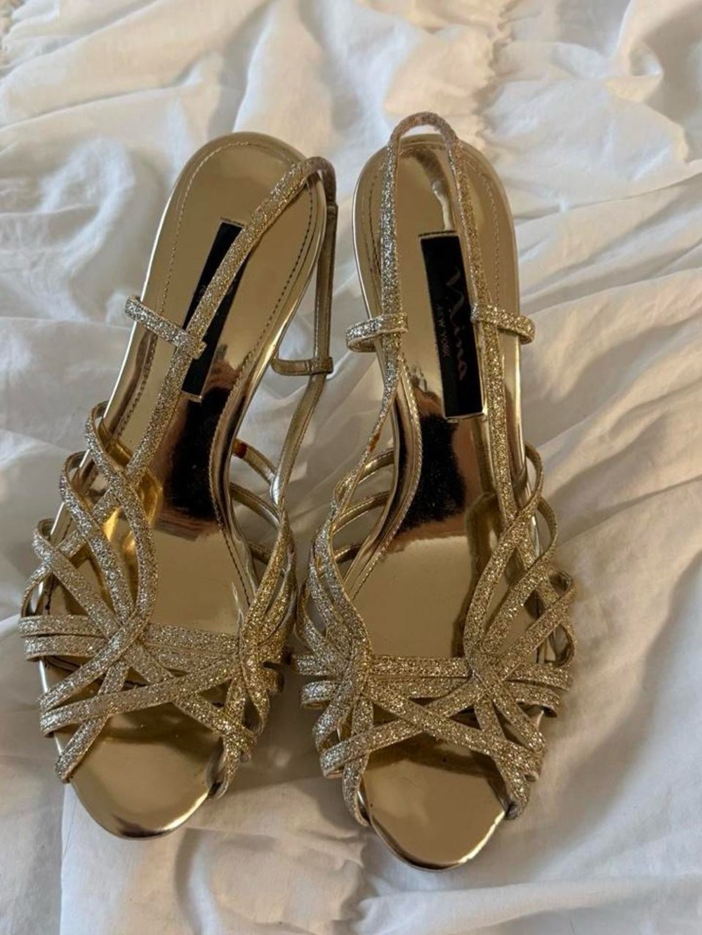 Nina Gold Glitter Strappy Slingback Heels